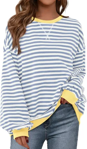 BTFBM Womens Striped Pullover Tops Spring Fall Clothes 2025 Long Sleeve Shirts Trendy Crew Neck Loose Y2K Sweatshirts