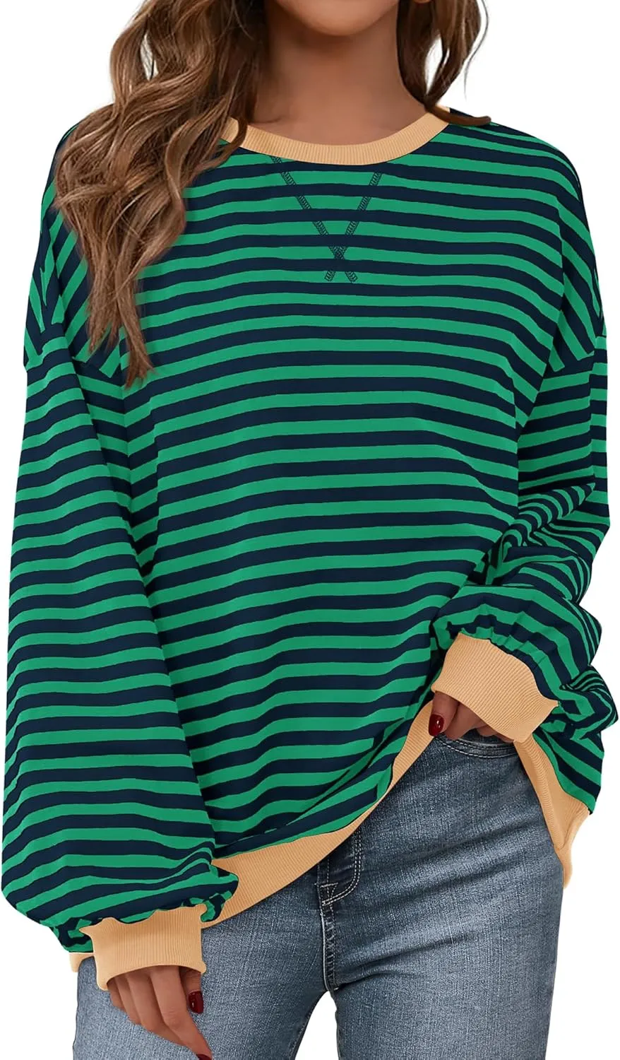 BTFBM Womens Striped Pullover Tops Spring Fall Clothes 2025 Long Sleeve Shirts Trendy Crew Neck Loose Y2K Sweatshirts