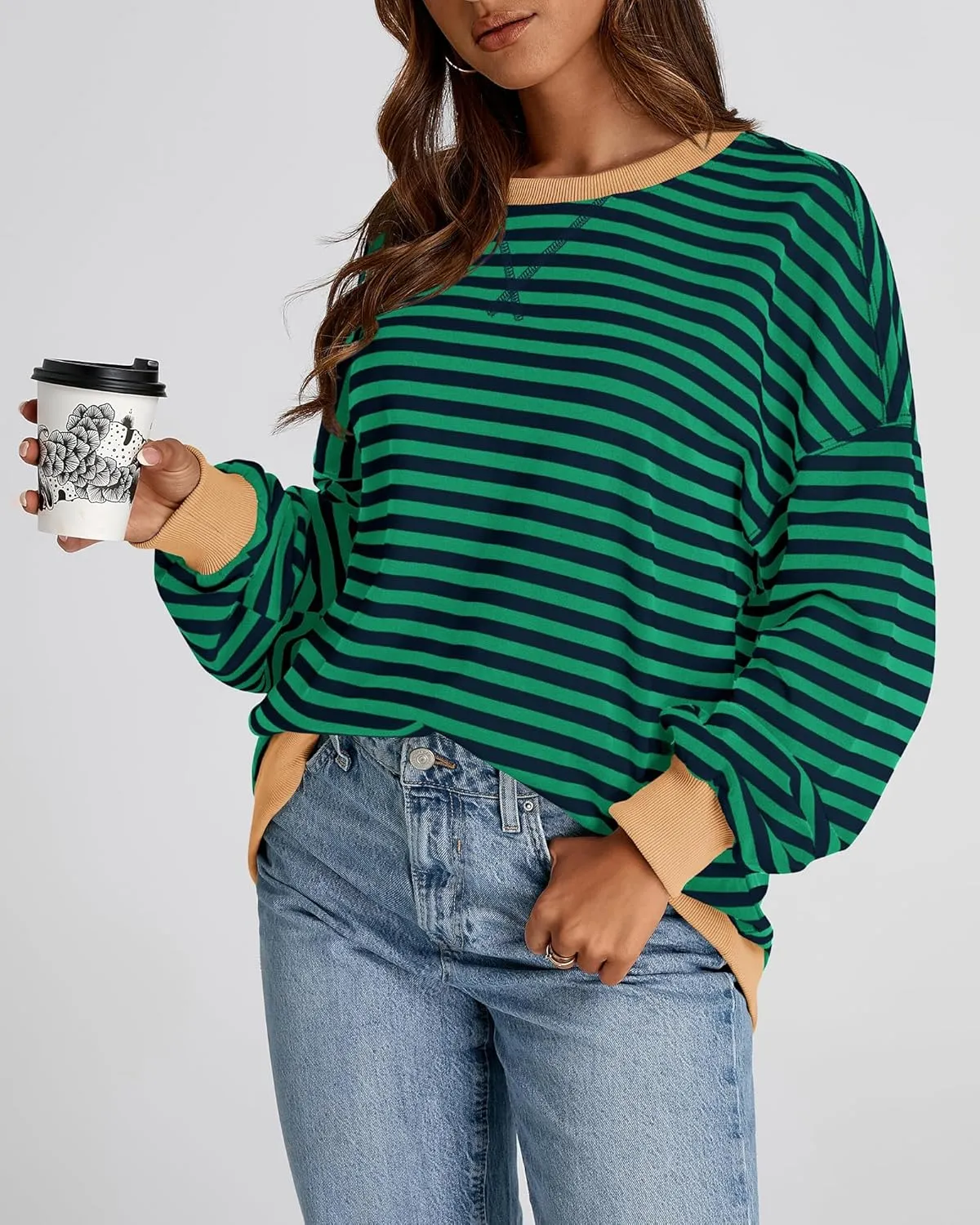 BTFBM Womens Striped Pullover Tops Spring Fall Clothes 2025 Long Sleeve Shirts Trendy Crew Neck Loose Y2K Sweatshirts