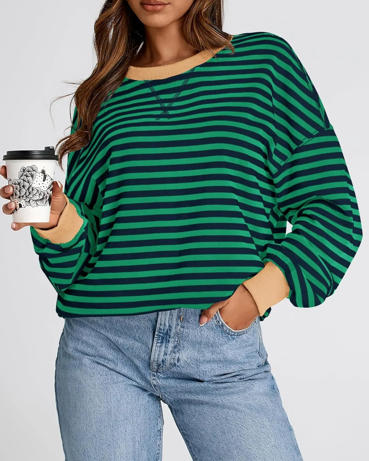 BTFBM Womens Striped Pullover Tops Spring Fall Clothes 2025 Long Sleeve Shirts Trendy Crew Neck Loose Y2K Sweatshirts