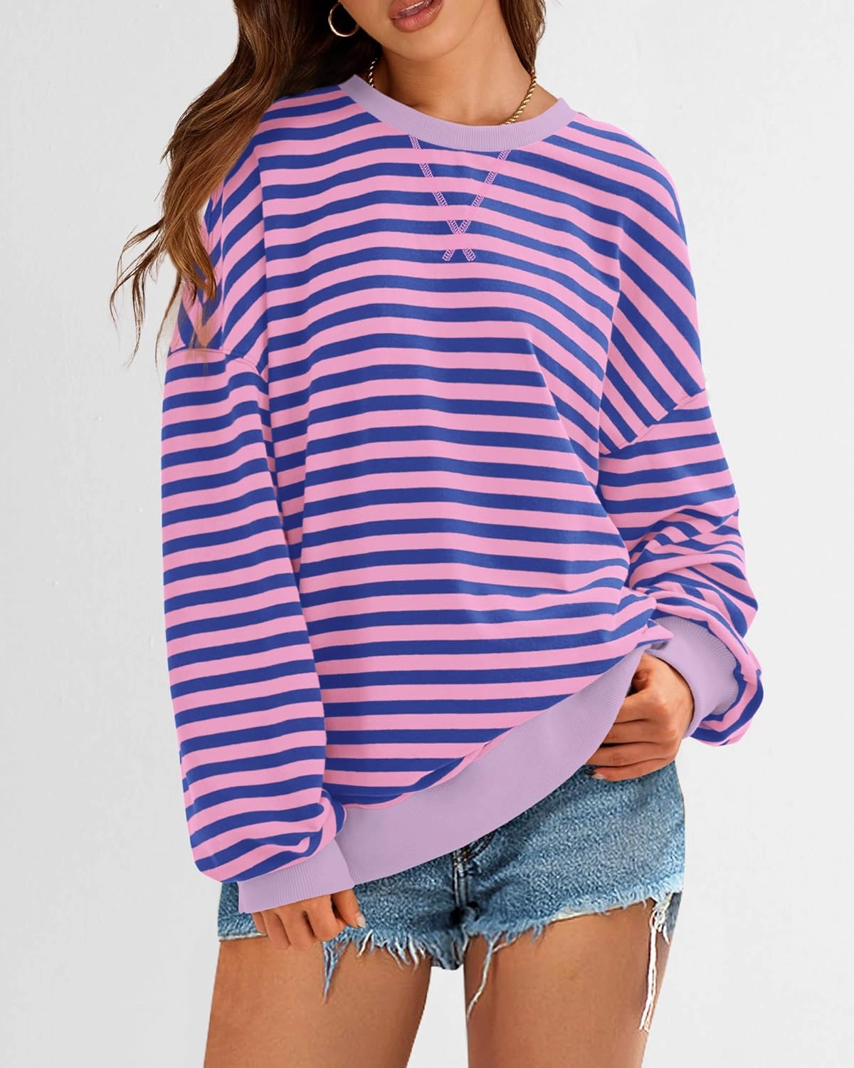 BTFBM Womens Striped Pullover Tops Spring Fall Clothes 2025 Long Sleeve Shirts Trendy Crew Neck Loose Y2K Sweatshirts