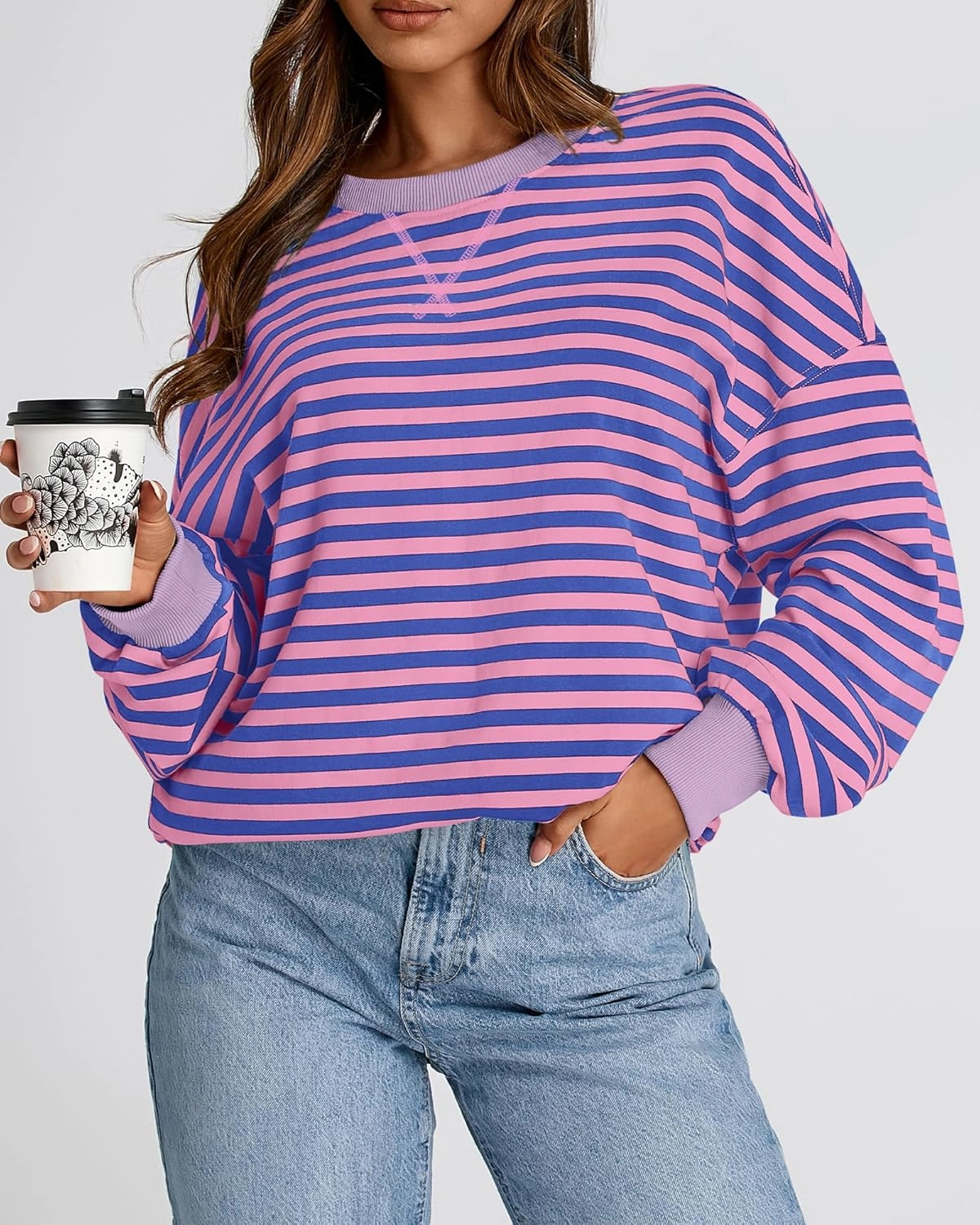 BTFBM Womens Striped Pullover Tops Spring Fall Clothes 2025 Long Sleeve Shirts Trendy Crew Neck Loose Y2K Sweatshirts