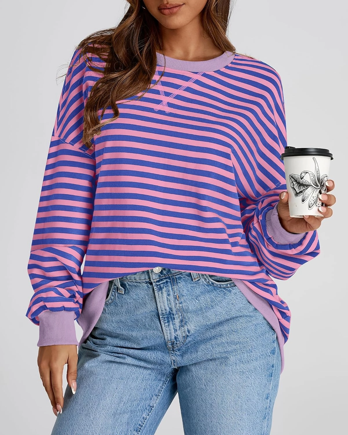 BTFBM Womens Striped Pullover Tops Spring Fall Clothes 2025 Long Sleeve Shirts Trendy Crew Neck Loose Y2K Sweatshirts
