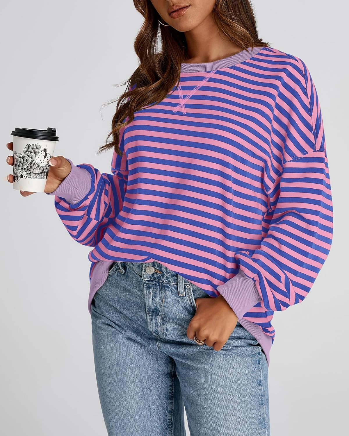 BTFBM Womens Striped Pullover Tops Spring Fall Clothes 2025 Long Sleeve Shirts Trendy Crew Neck Loose Y2K Sweatshirts