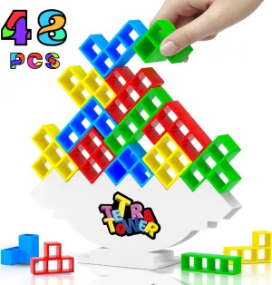 Btolin 48pcs Stack Attack Game, Tetra Balance Tower Game for 2 Players , Family Games for Kids & Adults, Team Parties Stacking Blocks Toy, Kids Gifts