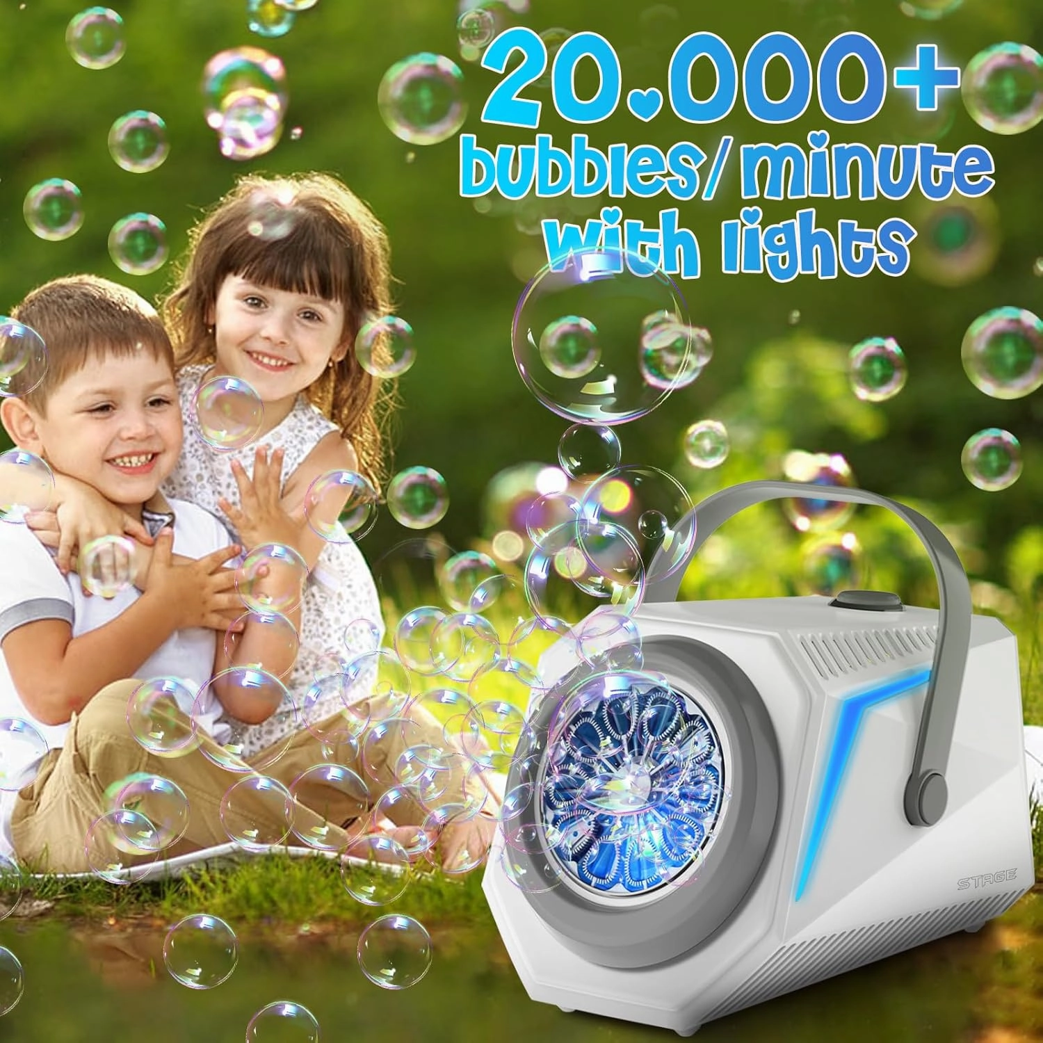 Bubble Machine with Bubbles Solution - Lights, Portable, Leak-Proof, Toys for 3 4 5 6 7 8 Years Old Boys Girls - Ideal Gift for Age -3 Kids Toddlers for Weddings, Outdoor & Parties
