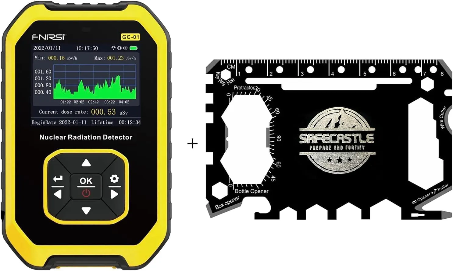 Bundle of 1 Geiger Counter Nuclear Radiation Detector-FNIRSI Radiation Dosimeter with LCD Display, Portable Handheld Beta Gamma X-ray Rechargeable and Safecastle Multipurpose Toolkit Card