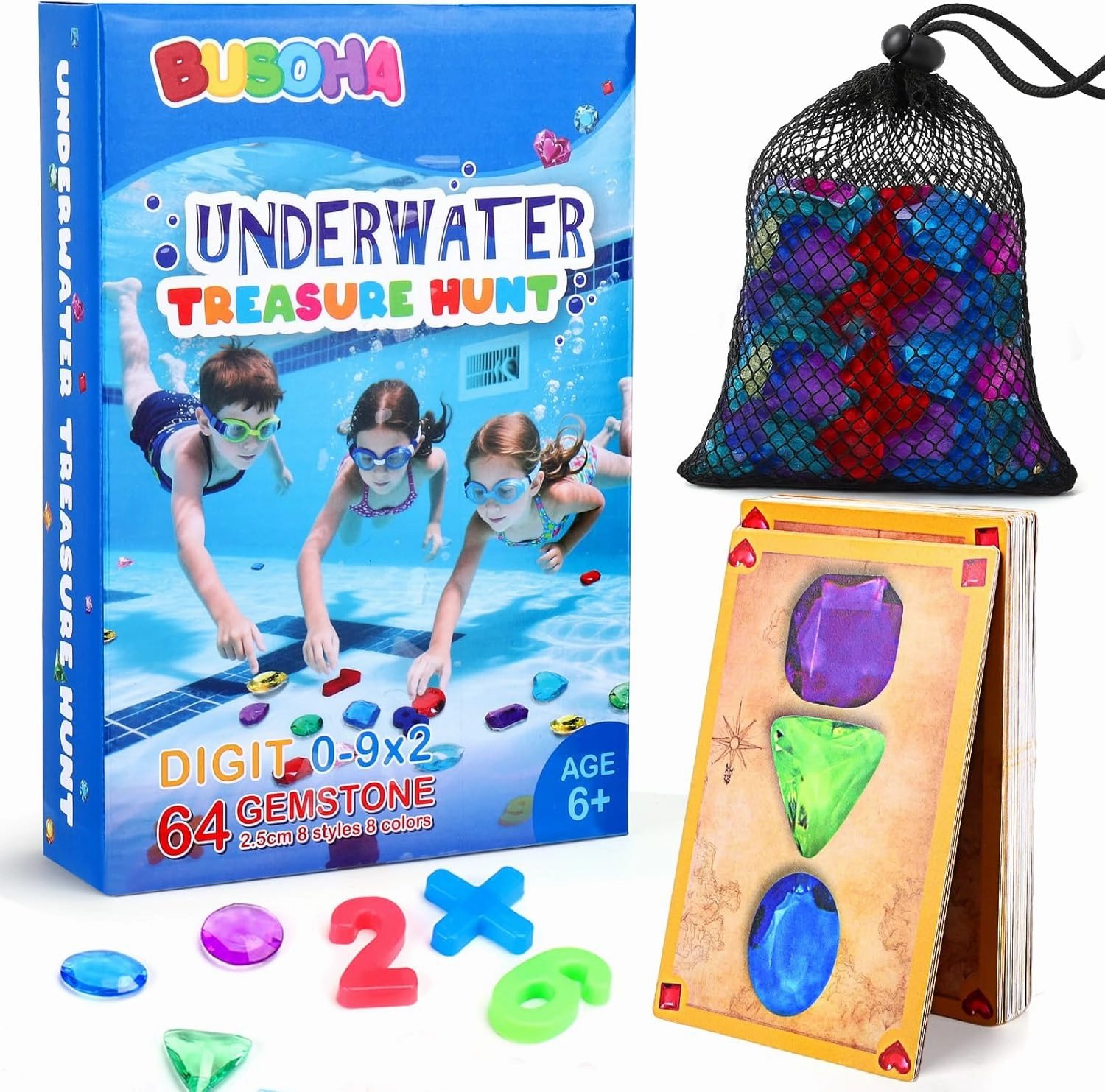 BUSOHA Diving Pool Hunt Gem Toys - 6 in 1 Underwater Seek and Find Gems Game Tic Tac Toe Board Games Kids Swiming Pool Toys with Mesh Bag Water Gifts for Boys Girls Age 6 7 8 9 10 11 12