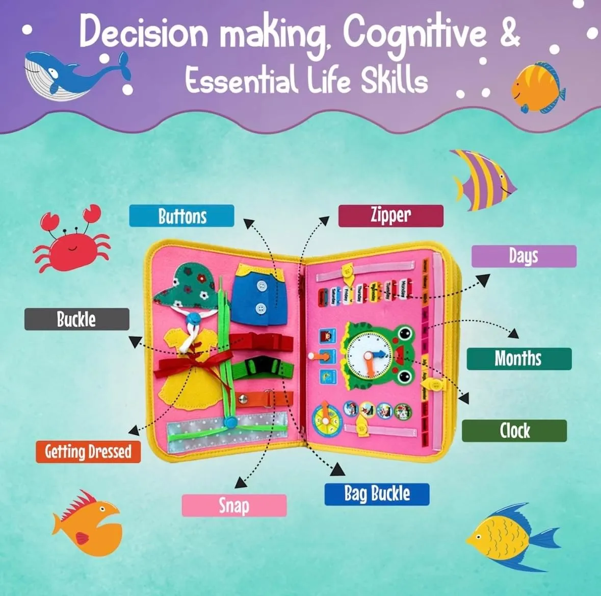 Busy Board Book Bag for Kids | Interactive Learning Activities for Ages 2-7 | Mermaid-Themed Skill-Building Kit | Hair Braiding, Tying Shoes, Math, and Alphabet Puzzles, Felt Bag