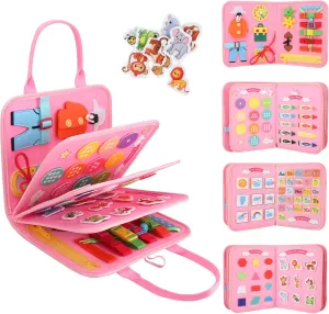 Busy Board for 3  Year Old Activity Toy Montessori Busy Book Preschool Educational Pink Board with Fine Motor Skills, Travel Toys for Plane Car for Girls