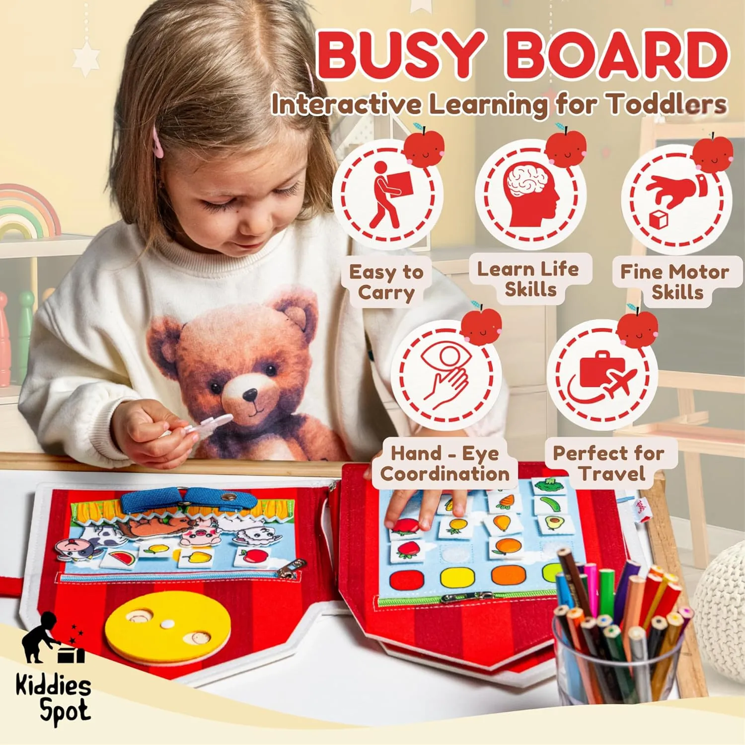 Busy Board, Montessori Busy Book, Toddler Travel Toys, Sensory Board, Quiet Book, Montessori Activities, Sensory Toys for Toddlers, Kids Travel Activities, Gifts for Toddlers, Red Farm