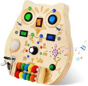 Busy Board Montessori Wooden Sensory Toy with LED Light Switches, Music, Toddler Light Switch Activity Travel Toys for 1 2 3 Year Old Boys Girls Toddler Toys Gifts