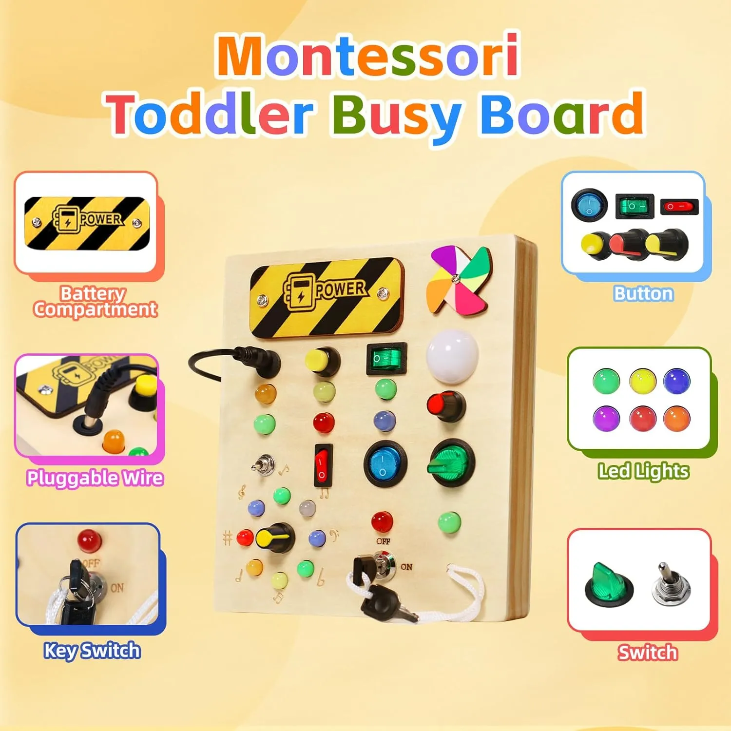 Busy Board with pinwheels Led Light, Wooden Educational Montessori Sensory Travel Toys for Toddlers 1-3, Fine Motor Skills Birthday Gifts for Boys Girls Toddlers 1 2 3