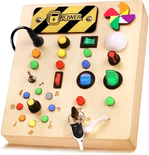 Busy Board with pinwheels Led Light, Wooden Educational Montessori Sensory Travel Toys for Toddlers 1-3, Fine Motor Skills Birthday Gifts for Boys Girls Toddlers 1 2 3