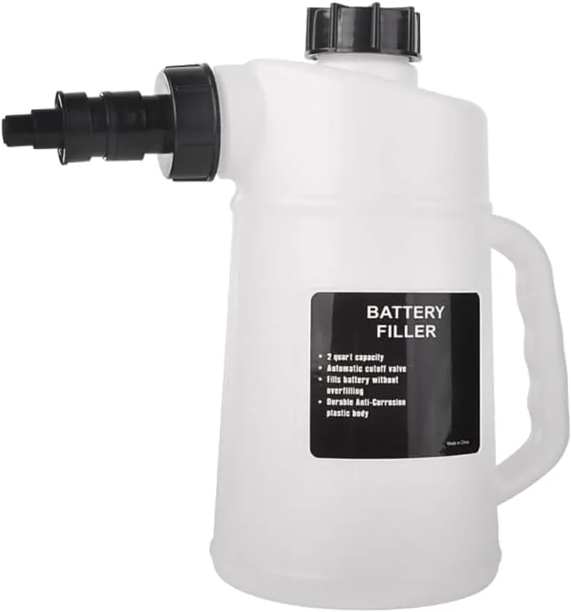 Car Battery Filler 2L Car Battery Liquid Filling Jug Golf Cart/Deep Cycle Battery Jug Heavy Duty Water Filler Bottle with Auto Shut and Drip Free Valve (White)