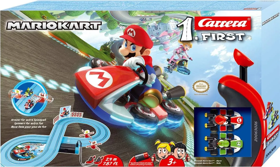 Carrera First Mario Kart - Slot Car Race Track with Spinners Includes 2 Cars: and Yoshi Battery-Powered Beginner Racing Set for Kids Ages 3 Years Up