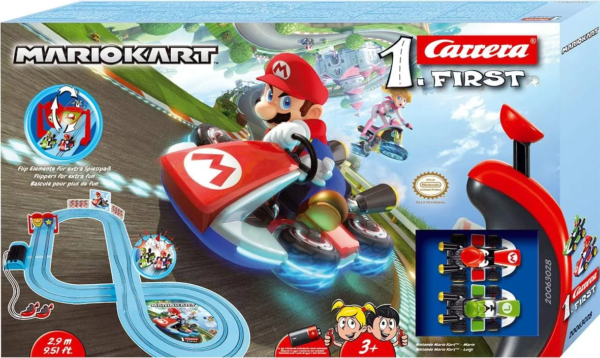 Carrera First Nintendo Mario Kart Slot Car Race Track - Includes 2 Cars: Mario and Luigi and Two-Controllers - Battery-Powered Beginner Set for Kids Ages 3 Years and Up, 20063028
