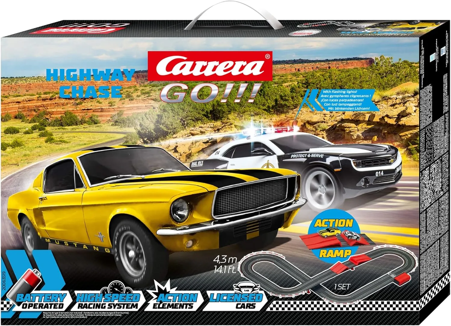 Carrera GO Battery Operated 1:43 Scale Slot Car Racing Toy Track Set with Jump Ramp for Kids Ages 5 Years and Up, Highway Chase