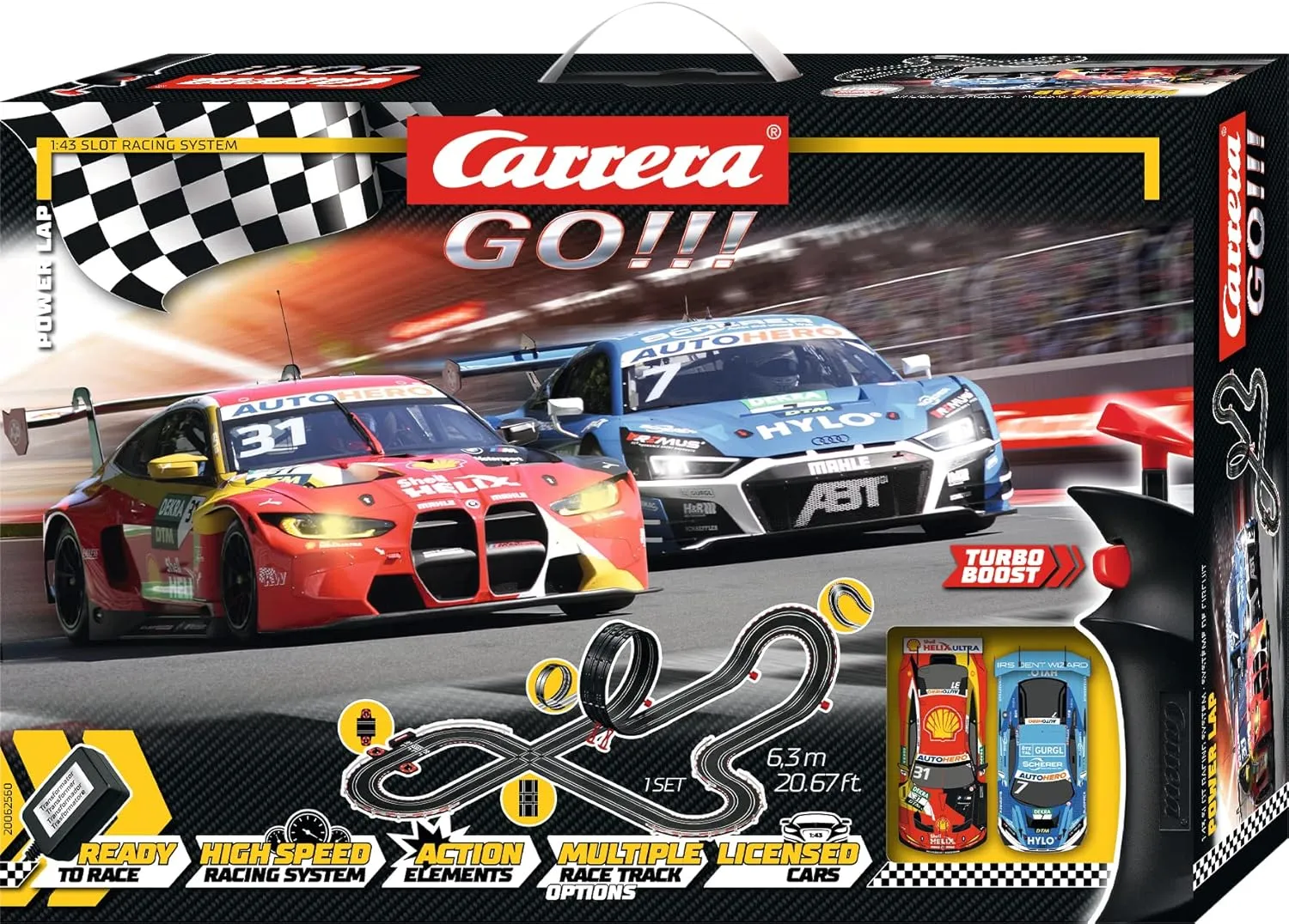 Carrera GO Electric Powered Slot Car Racing Kids Toy Race Track Set 1:43 Scale, Power Lap