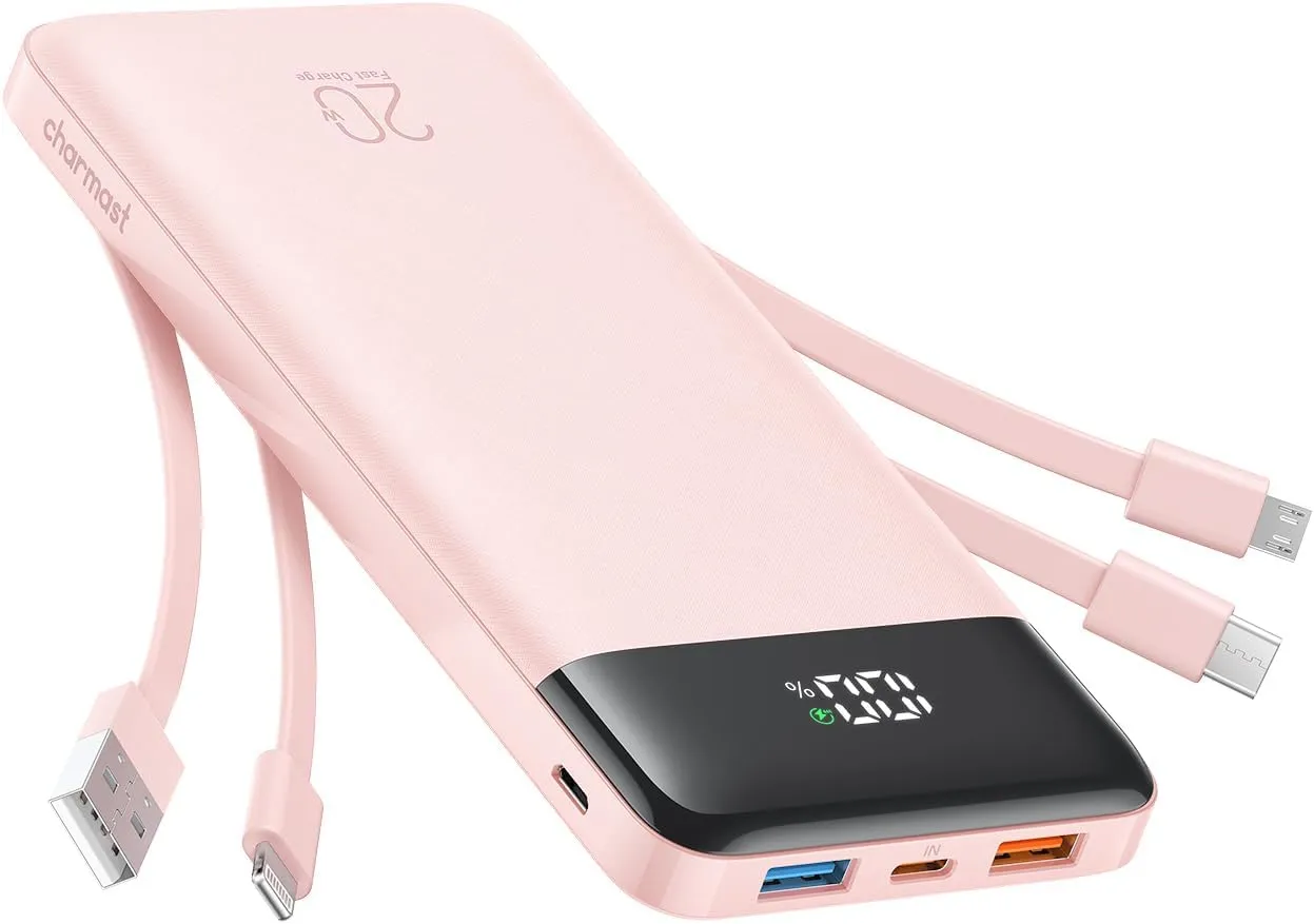 Charmast 20000mAh Portable Charger with 4 Built-in Cables & 6 Outputs, 20W Power Bank Fast Charging - USB C External Battery Pack for iPhone 16 15 14, Android, iPad, Tablet & More (Travel Essential)