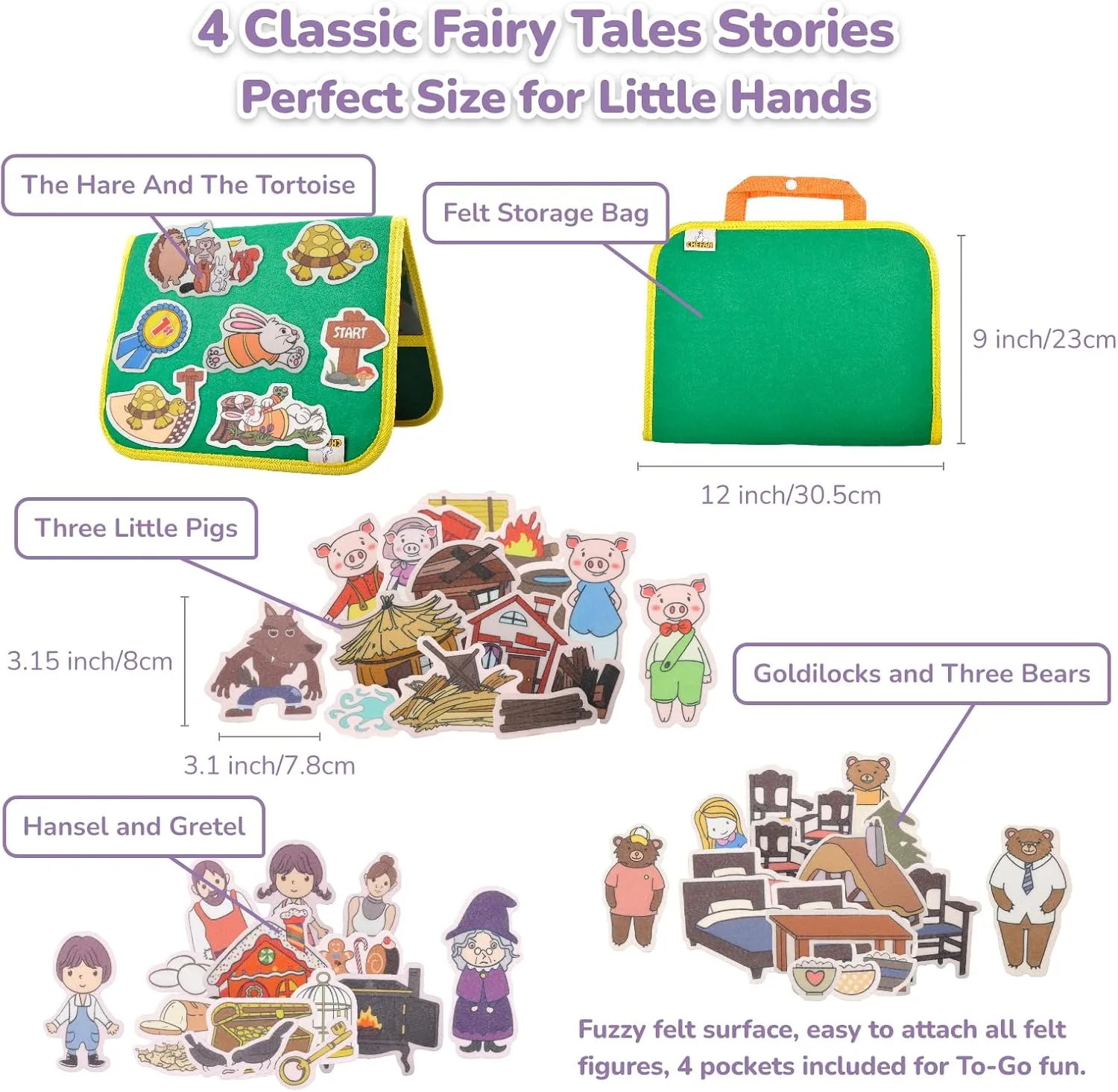 CHEFAN Felt/Flannel Board Story Set of 4, PRECUT Felt Pieces for Preschool Toddlers, Three Little Pigs|Goldilocks and Three Bears|Hansel and Gretel|The Hare and Tortoise