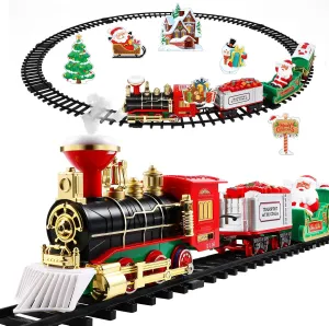 Christmas Train Sets for Around The Tree, 21Pcs/Set Classic Christmas Train with Lights Sounds Railway Tracks, Battery Operated Electric Steam Locomotive, Cargo Cars & Tracks for Kids