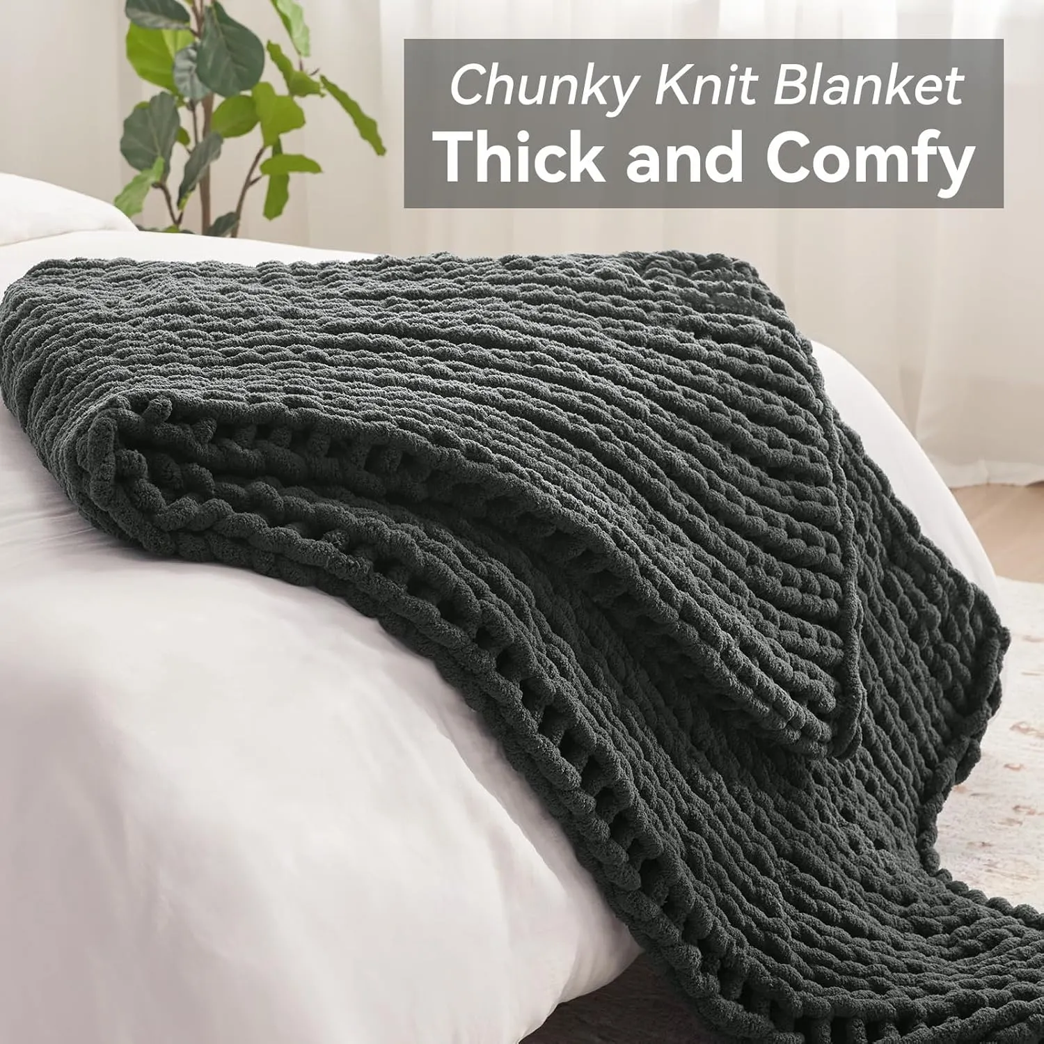 Chunky Knit Throw Blanket, 30''*40'' Knitted Throw Chenille Blankets for Bed Couch, Handmade Dark Grey Crochet Blanket Thick Blanket for Kids, Machine Washable Cute Comfy Blanket for Home Decor