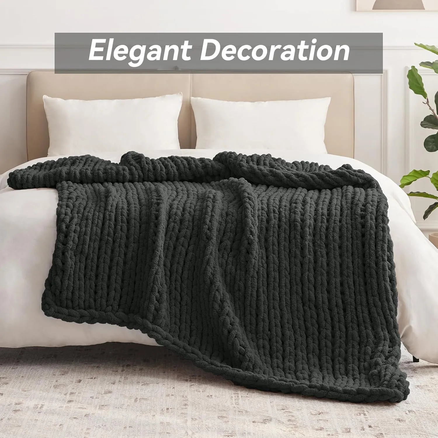 Chunky Knit Throw Blanket, 30''*40'' Knitted Throw Chenille Blankets for Bed Couch, Handmade Dark Grey Crochet Blanket Thick Blanket for Kids, Machine Washable Cute Comfy Blanket for Home Decor