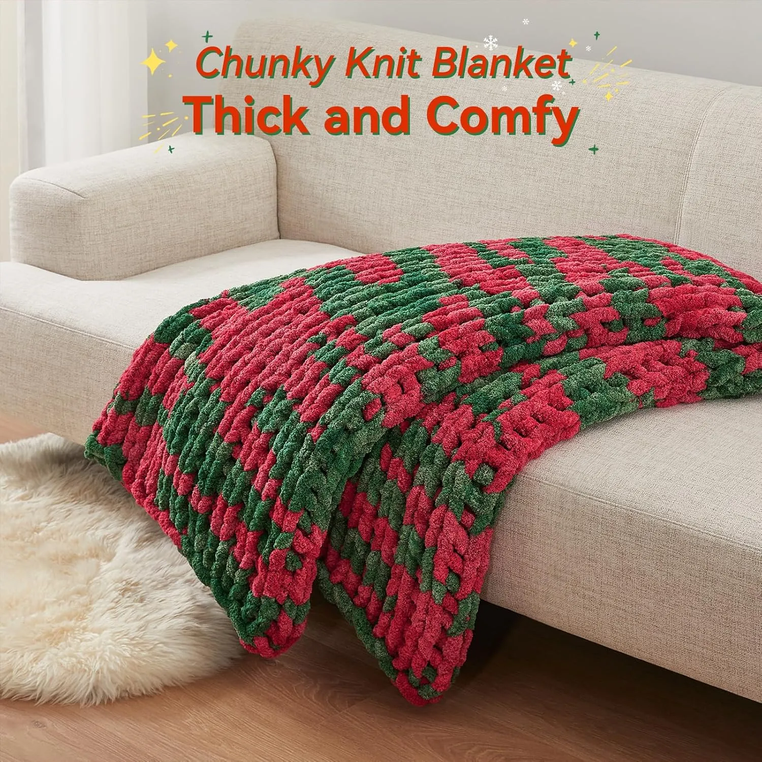 Chunky Knit Throw Blanket, 50''*60'' Chenille Blankets for Bed & Couch, Handmade Christmas Stripes Crochet, Machine Washable, Comfy & Cute for Home Decor
