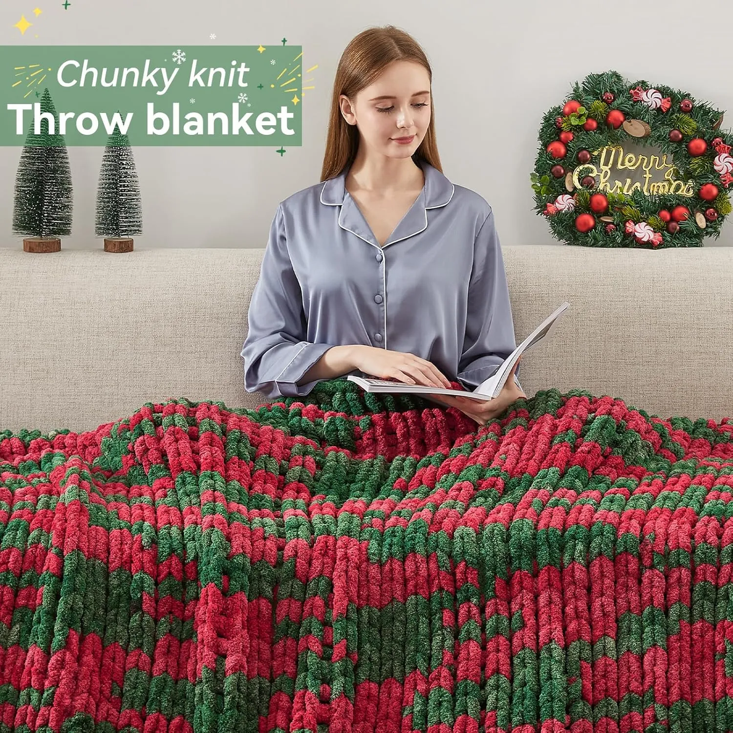 Chunky Knit Throw Blanket, 50''*60'' Chenille Blankets for Bed & Couch, Handmade Christmas Stripes Crochet, Machine Washable, Comfy & Cute for Home Decor