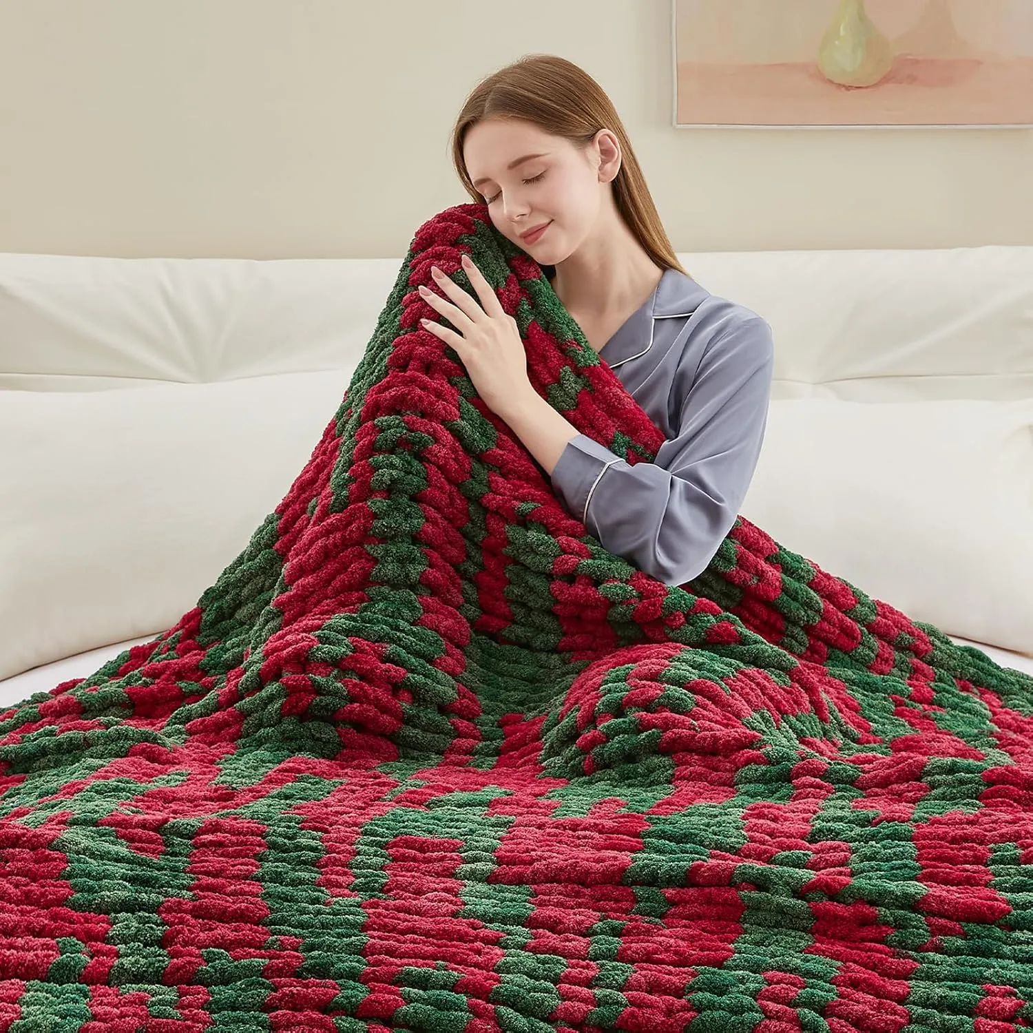 Chunky Knit Throw Blanket, 50''*60'' Chenille Blankets for Bed & Couch, Handmade Christmas Stripes Crochet, Machine Washable, Comfy & Cute for Home Decor