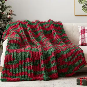 Chunky Knit Throw Blanket, 50''*60'' Chenille Blankets for Bed & Couch, Handmade Christmas Stripes Crochet, Machine Washable, Comfy & Cute for Home Decor