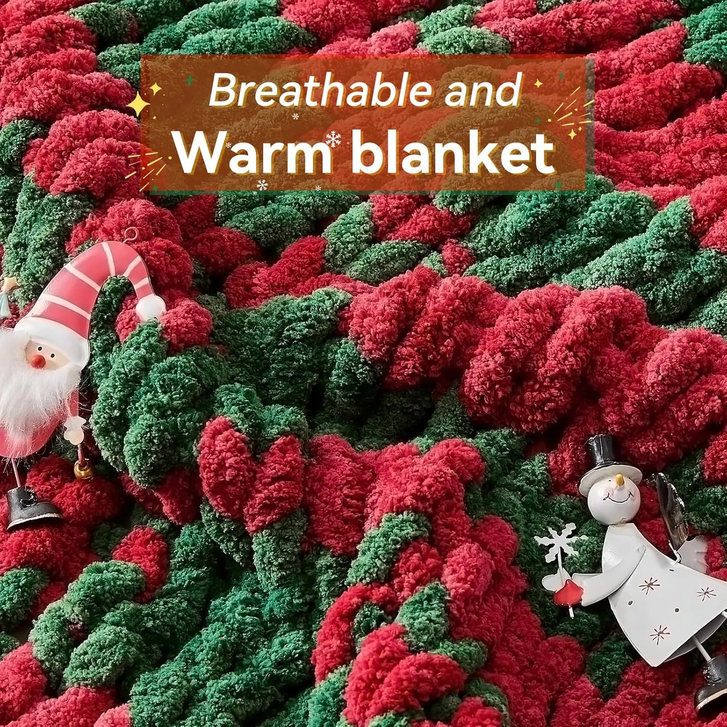 Chunky Knit Throw Blanket, 50''*60'' Chenille Blankets for Bed & Couch, Handmade Christmas Stripes Crochet, Machine Washable, Comfy & Cute for Home Decor