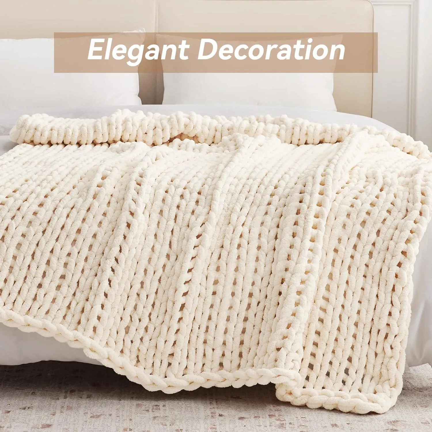 Chunky Knit Throw Blanket, 50''*60'' Knitted Throw Chenille Yarn for Bed Couch, Handmade Cream Crochet Big Thick Blanket, Machine Washable Cute Comfy Blanket for Home Decor