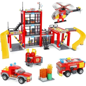 City Fire Station Building Kit, Fun Firefighter Toy Construction Set for Kids, Toy Fire Truck Helicopter, Best Learning Educational Role Play STEM Toys, Gifts for Boys and Girls, Ages 6-12 (896 Pieces)