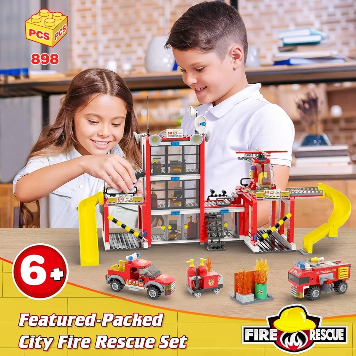 City Fire Station Building Kit, Fun Firefighter Toy Construction Set for Kids, Toy Fire Truck Helicopter, Best Learning Educational Role Play STEM Toys, Gifts for Boys and Girls, Ages 6-12 (896 Pieces)