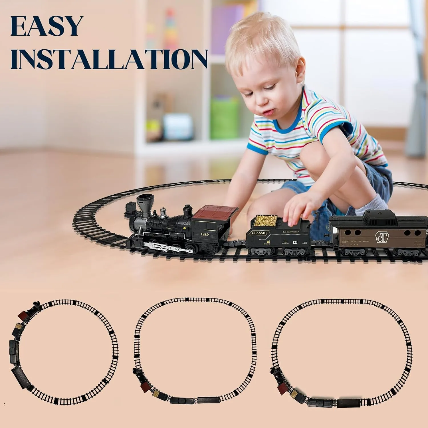 Classic Model Train Set Toy with Steam and Sound, Electric Train for Under The Trees, Cargo Car for Boys & Girls 3 4 5 6 7 Years