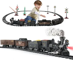 Classic Model Train Set Toy with Steam and Sound, Electric Train for Under The Trees, Cargo Car for Boys & Girls 3 4 5 6 7 Years