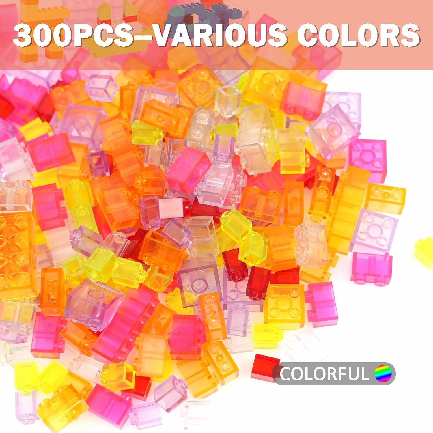 Classic Transparent Clear Bulk Bricks, 300 Pieces Parts Pack Creative Blocks Box Blocks Set for Girls in Random Color - Mixed Shape