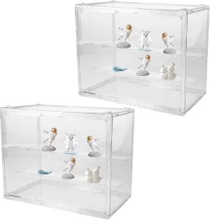 Clear Acrylic Display Case for Figures, 2 Pack 3 Tier Adjustable Display Box Stand with 2 Movable Plates, Stackable Display Box Showcase with Magnetic Door for Mini Action Figures Collectibles