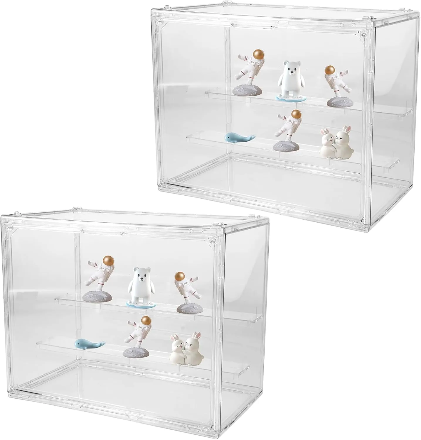 Clear Acrylic Display Case for Figures, 2 Pack 3 Tier Adjustable Display Box Stand with 2 Movable Plates, Stackable Display Box Showcase with Magnetic Door for Mini Action Figures Collectibles