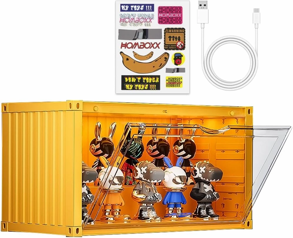 Clear Display Case with Voice-Activated Light,2 Tier Display Stand Organizer Dustproof Protection Showcase for Collectible Pop Figures and Toys,13.8 in x 7.5 in x 6.7 in(Yellow)