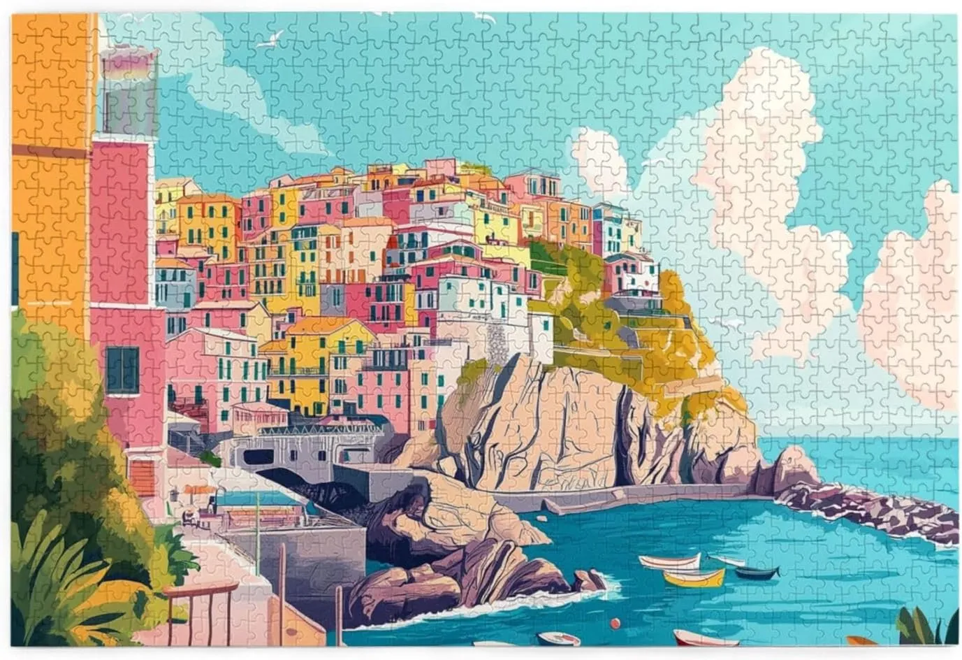 Cliff Town Panorama Jigsaw Puzzles For Adults 1000 Pieces, Cheerful Fishing Boats & Balconies, Unique Wooden Gift For Puzzle Lovers,Exploratory Hobbies And Challenges