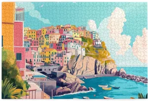 Cliff Town Panorama Jigsaw Puzzles For Adults 1000 Pieces, Cheerful Fishing Boats & Balconies, Unique Wooden Gift For Puzzle Lovers,Exploratory Hobbies And Challenges