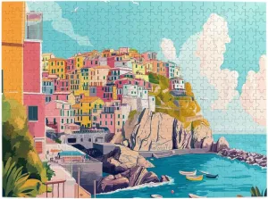Cliff Town Panorama Jigsaw Puzzles For Adults 500 Pieces, Cheerful Fishing Boats & Balconies, Unique Wooden Gift For Puzzle Lovers,Exploratory Hobbies And Challenges