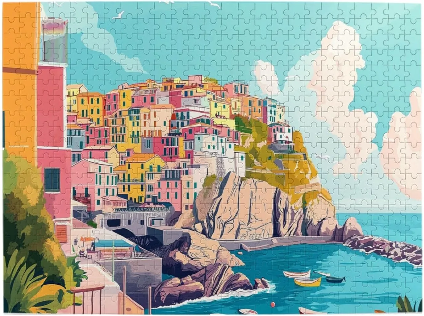Cliff Town Panorama Jigsaw Puzzles For Adults 500 Pieces, Cheerful Fishing Boats & Balconies, Unique Wooden Gift For Puzzle Lovers,Exploratory Hobbies And Challenges