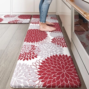Collive Anti Fatigue Kitchen Mats,17"x59" 17"x29" Non Slip Boho Kitchen Rugs Sets of 2,Farmhouse Waterproof Kitchen Mat for Floor,Cushioned Standing Mat for Office,Laundry,Sink,Desk,Red