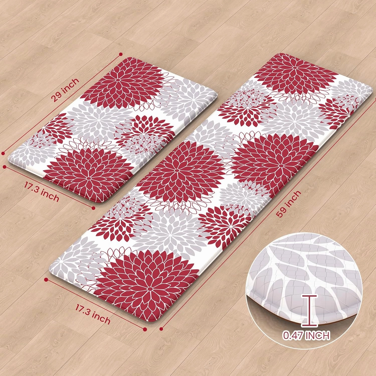Collive Anti Fatigue Kitchen Mats,17"x59" 17"x29" Non Slip Boho Kitchen Rugs Sets of 2,Farmhouse Waterproof Kitchen Mat for Floor,Cushioned Standing Mat for Office,Laundry,Sink,Desk,Red