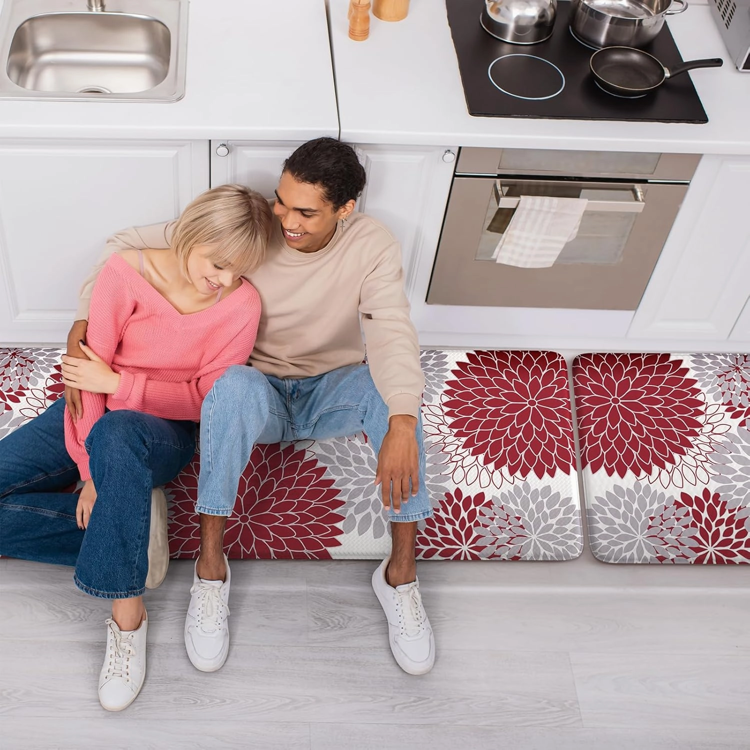 Collive Anti Fatigue Kitchen Mats,17"x59" 17"x29" Non Slip Boho Kitchen Rugs Sets of 2,Farmhouse Waterproof Kitchen Mat for Floor,Cushioned Standing Mat for Office,Laundry,Sink,Desk,Red