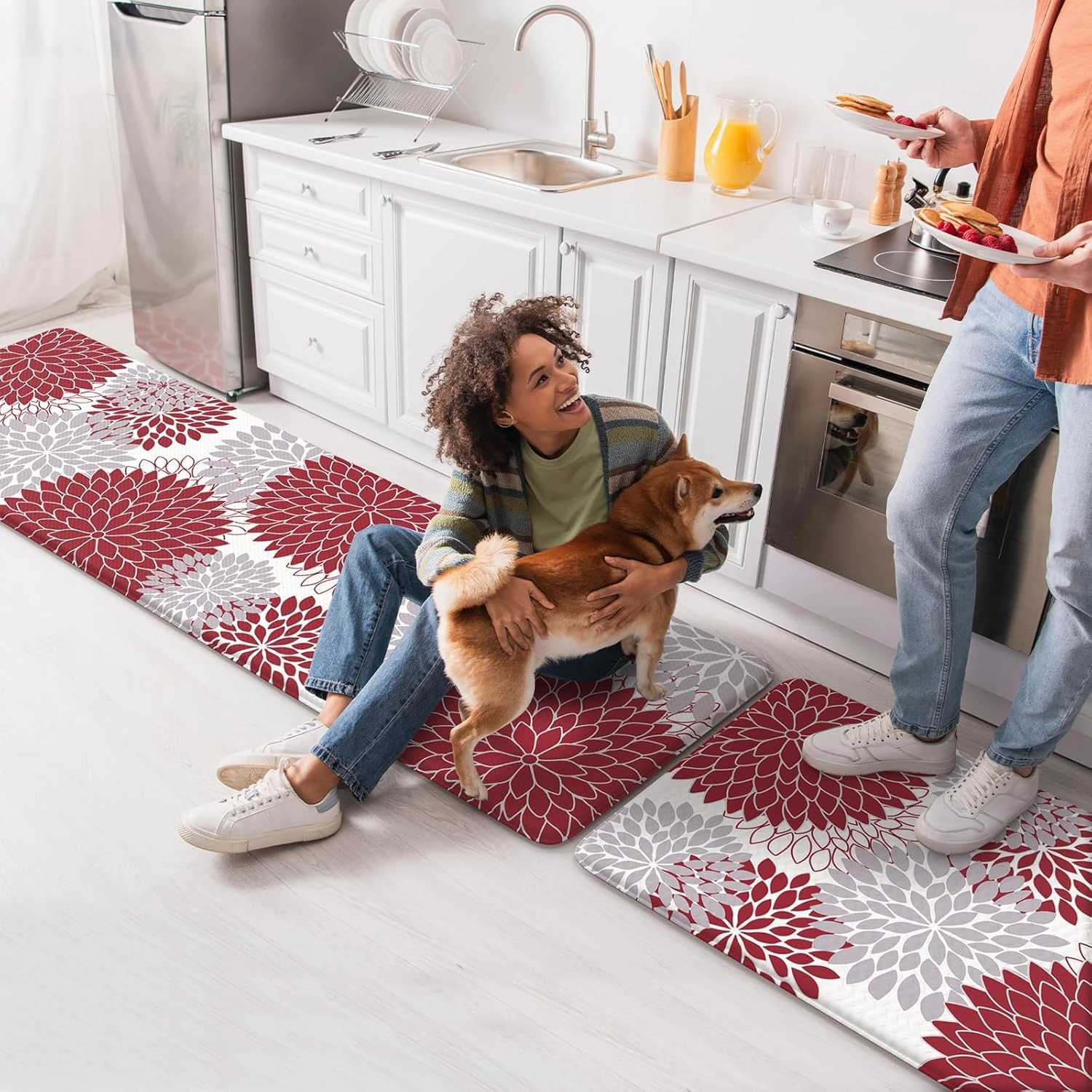 Collive Anti Fatigue Kitchen Mats,17"x59" 17"x29" Non Slip Boho Kitchen Rugs Sets of 2,Farmhouse Waterproof Kitchen Mat for Floor,Cushioned Standing Mat for Office,Laundry,Sink,Desk,Red